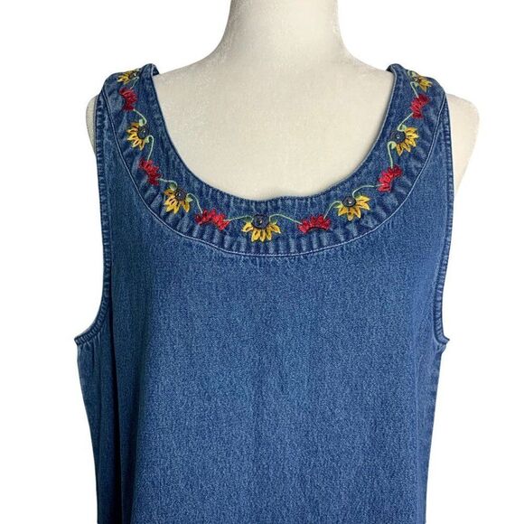 Vintage 90s Denim Pinafore Maxi Dress XL Med Wash Embroidered Studded Pullover - Picture 2 of 6